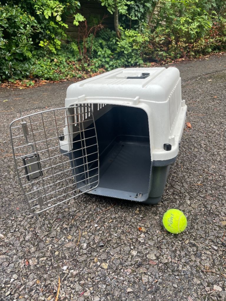 Pet carrier for small to medium animals, grey and white plastic with metal door