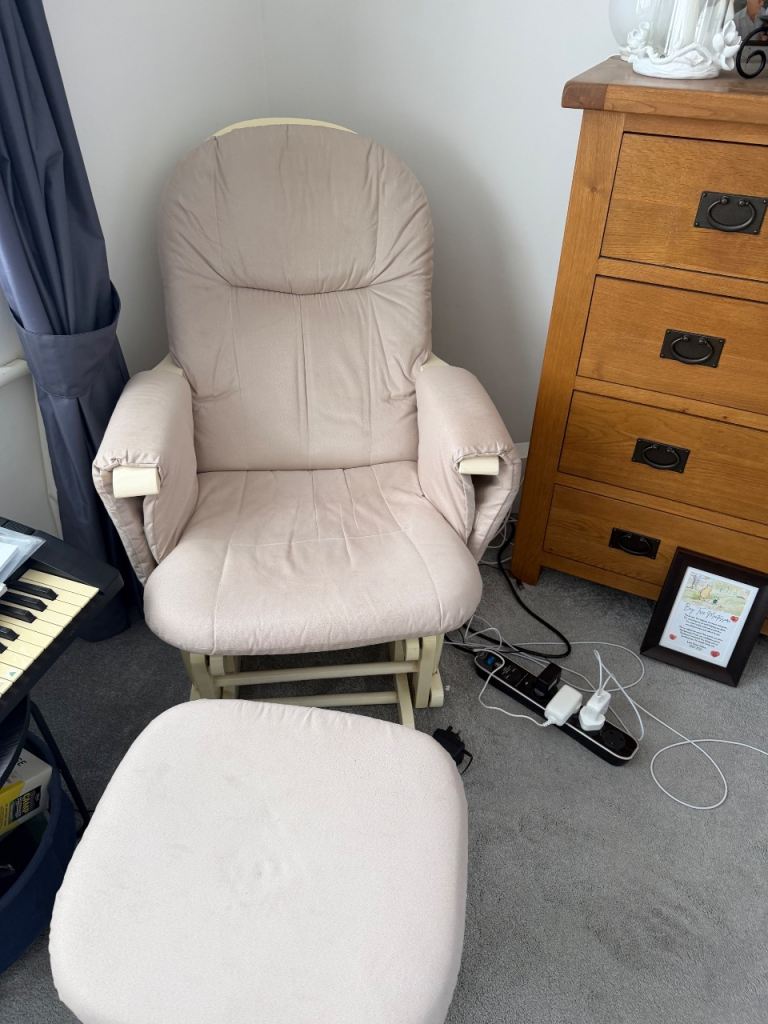Nursery Glider Chair and Footstool – Beige, Good Condition