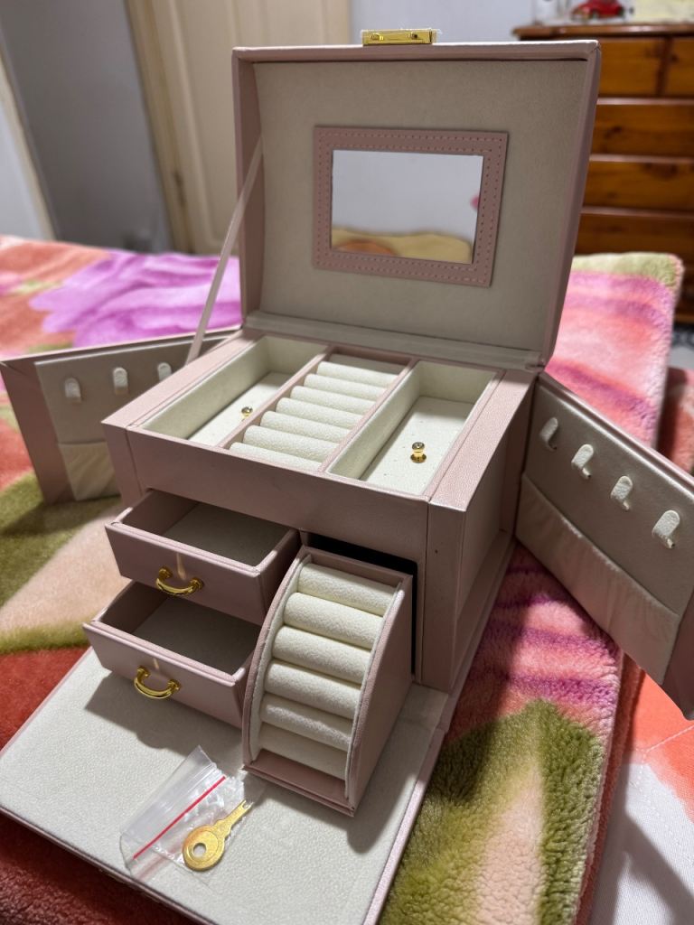 Jewellery Box Organiser Multilayer with Lock and Key Mirror Jewelry Storage