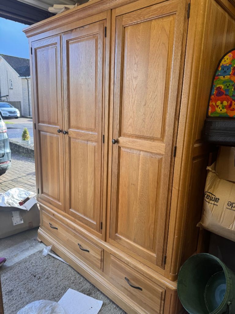 Solid Wood Triple Wardrobe - Oak Finish, Good Condition
