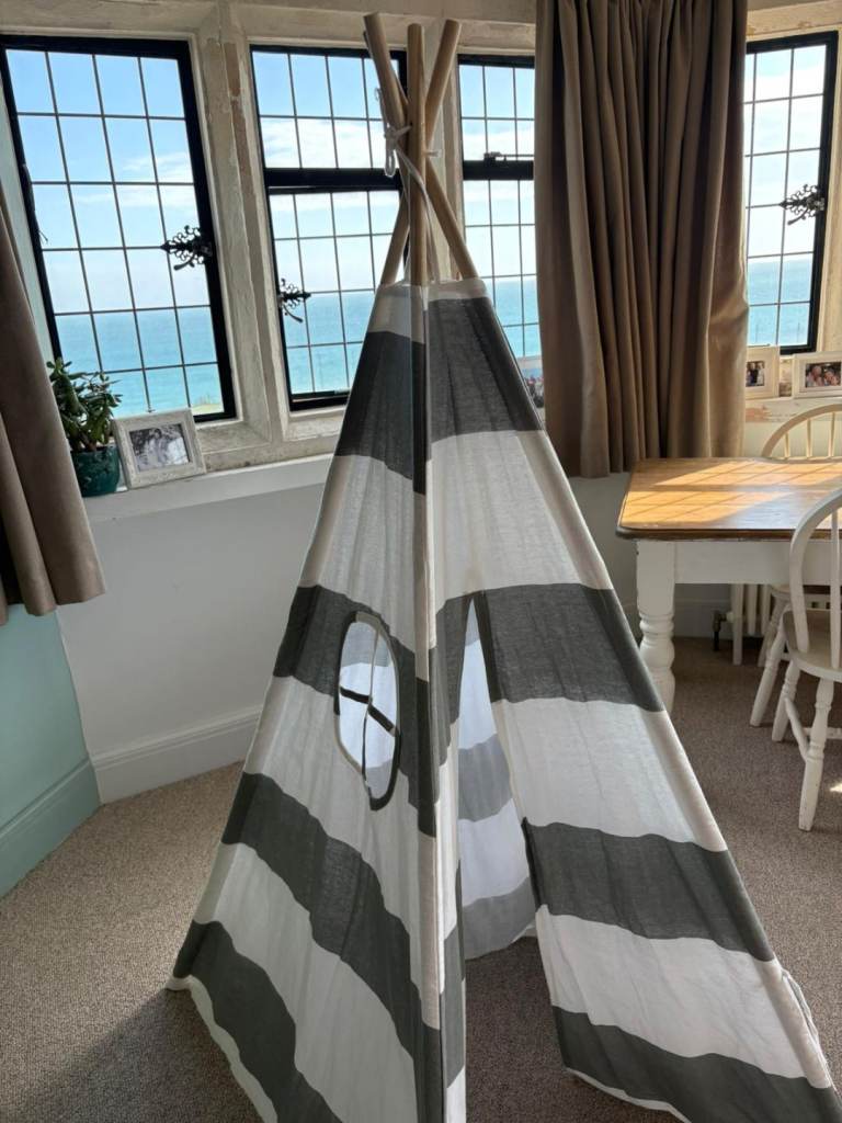 Kids Grey and White Striped Teepee Tent - Good Condition