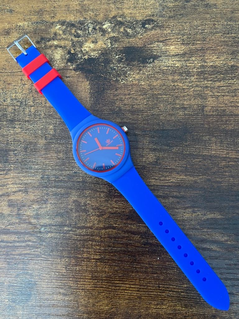 New Blue Silicone Watch with Red Detailing, 40mm Case