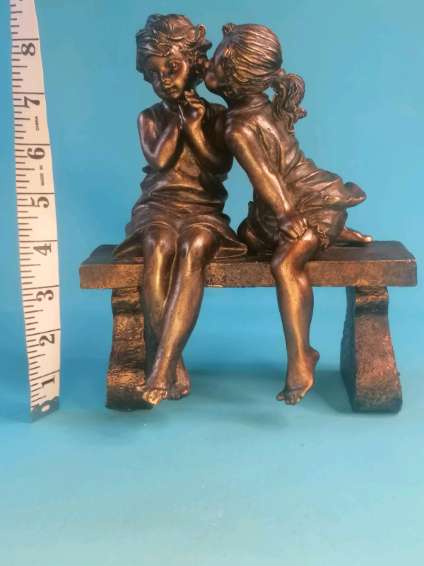 8,2inch Girl And Boy Sitting On Bench dark gold plaster Ornament. 