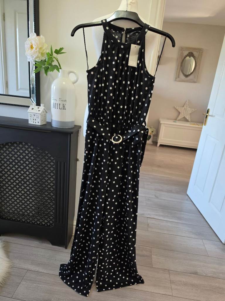 F&F Black White Polka Dot Full Length Belted Jumpsuit Size 10