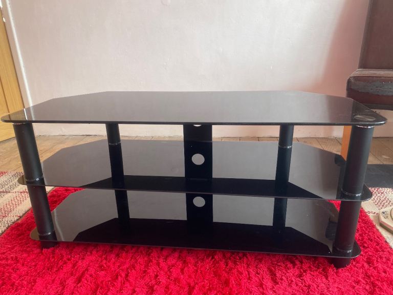 Black Glass TV Stand with 3 Shelves – Good Condition