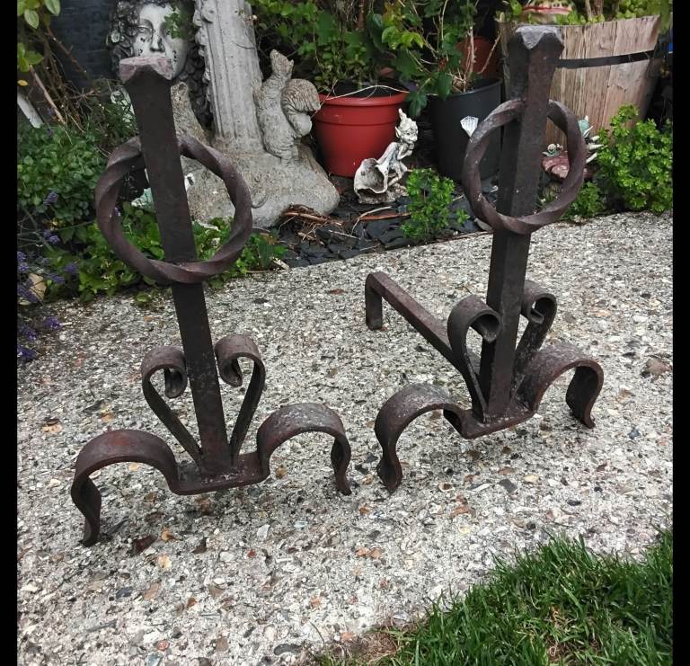 Antique old large pair of victorian fireplace Heavy cast iron fire dogs 
