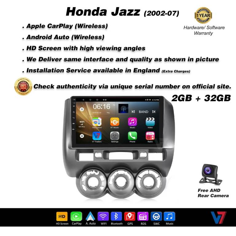 Honda Jazz 2002-07 CARPLAY Android Auto HD Screen Head Unit GPS Stereo LCD Panel V7
