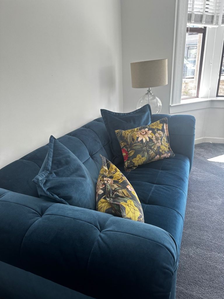 Midsummer blue velvet sofa with cushions 