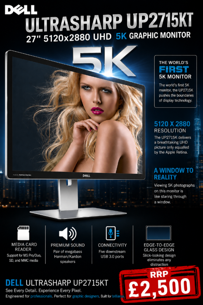 Dell UltraSharp UP2715K 27" 5K UHD Professional Monitor – 5120×2880. RRP £2,500