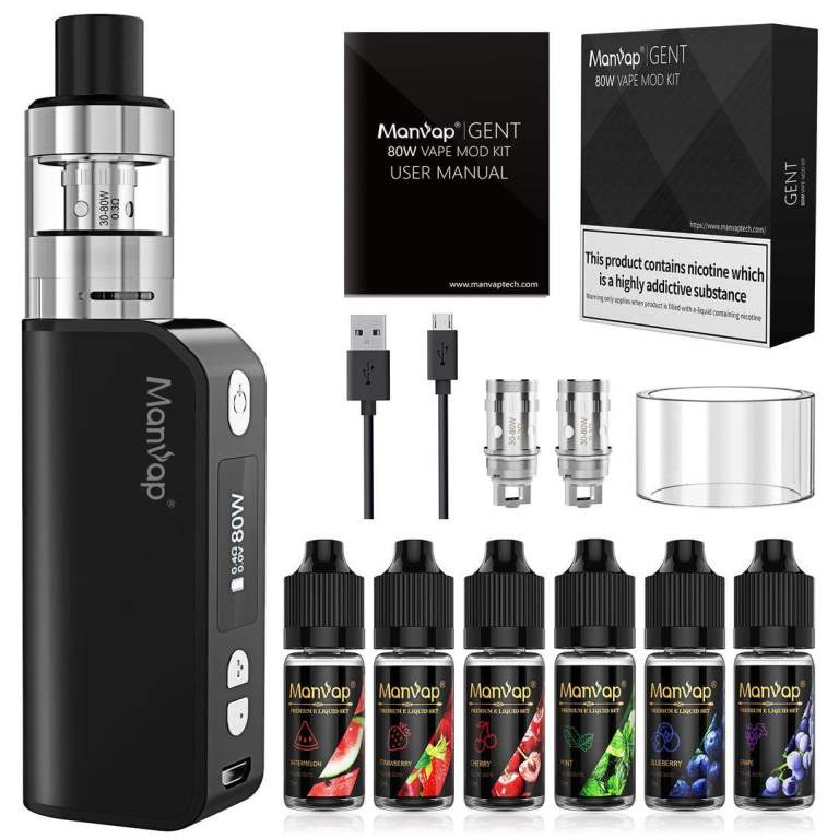 Manvap® Gent Vape Starter Kit, 2000mAh E-Cigarette Box Mod, 80W E-Cig LED Display+ 2ml, No Nicotine