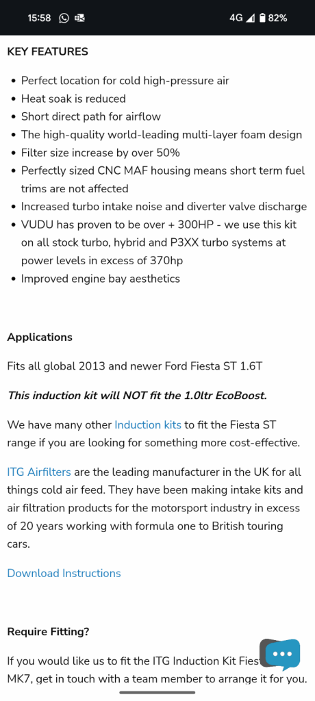 Vudu/ITG Fiesta ST induction kit *new*