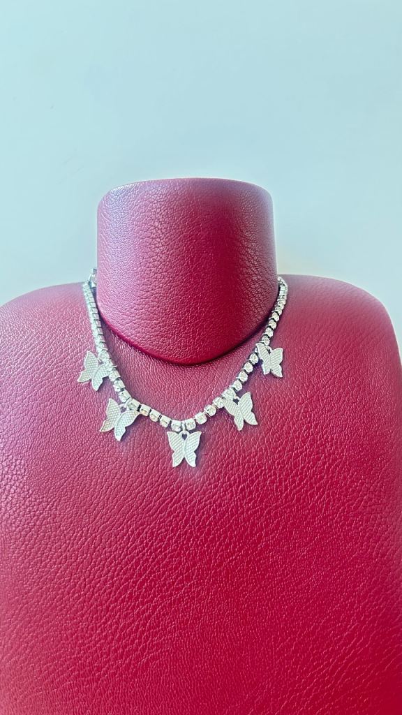 Silver stone set chain with butterfly pendants