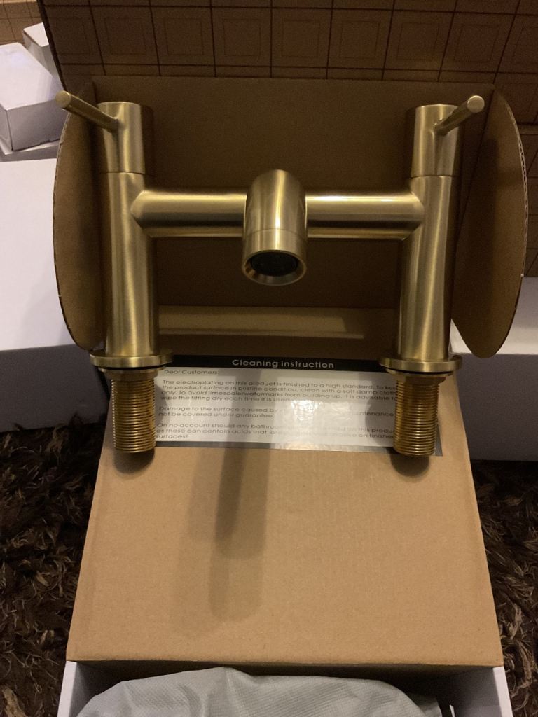 Apex round brushed brass deck mounted bath filler 