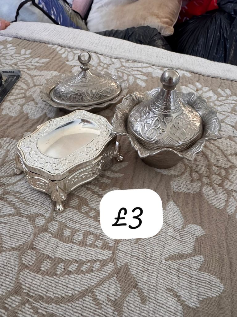 Decorative Silver-Toned Containers – Set of Three