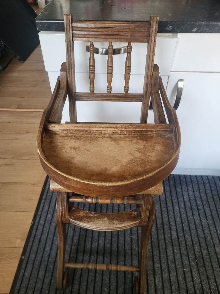 Antique wooden childs metamorphic high chair. high chair for renovation.