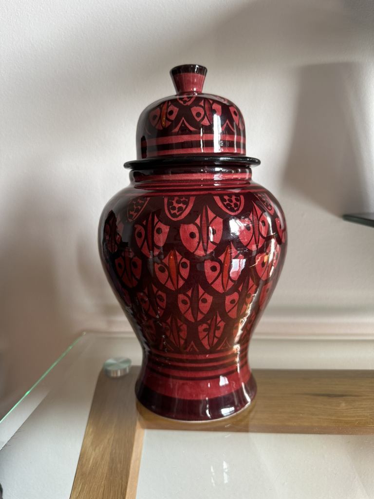 Brand New Hand Made Moroccan Maroon Red Ceramic Ornament With Lid