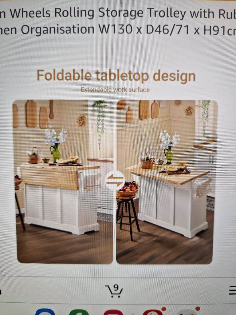 Extendable kitcen island on hidden wheels and two stools 