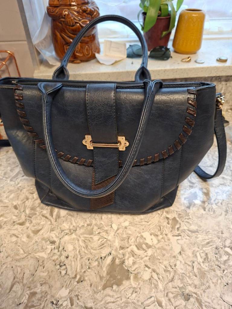 Stylish Navy Blue Faux Leather Handbag – Good Condition