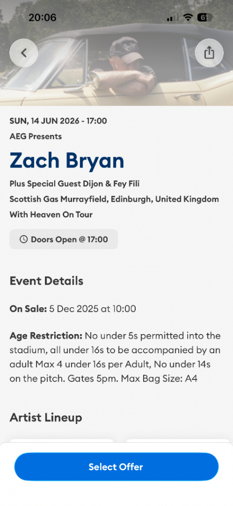 Zach Bryan tickets. 2 seated for Sunday 14th June at Murrayfield 