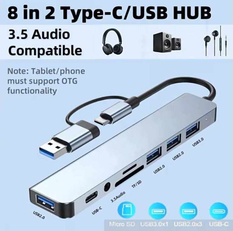 8-IN-1 HUB USB & TYPE-C PORT, MULTI-FUNCTIONAL DOCKING STATION. WITH 3.0 USB