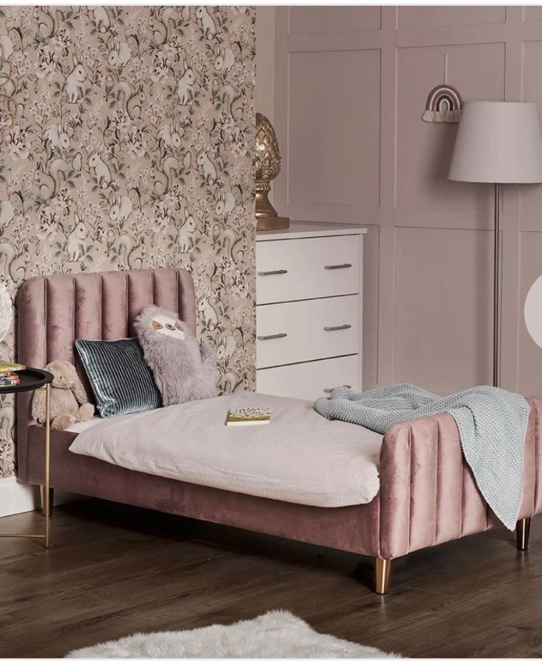 Pink Velvet Single Toddler Bed Frame with Headboard