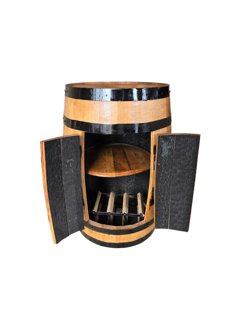 Oak barrel drinks cabinet on wheels 