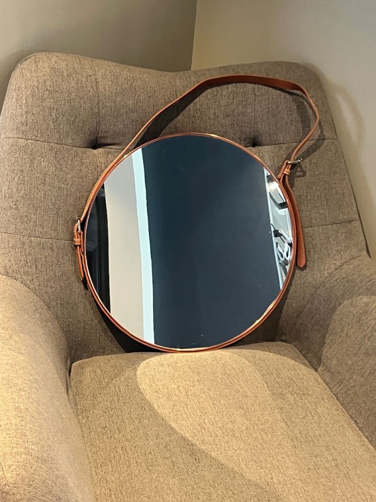 Round Leather Strap Mirror, 40cm, Copper Frame