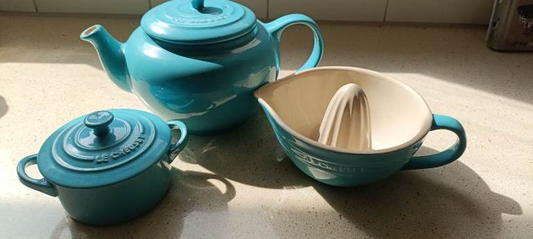 Le Creuset Teal Teapot, Mini Casserole, and Citrus Juicer Set