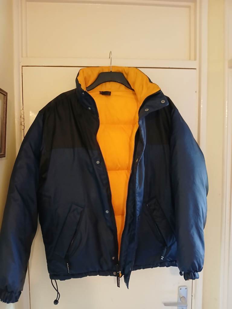 Men's Puffer Jacket - Navy Blue and Yellow, Good Condition