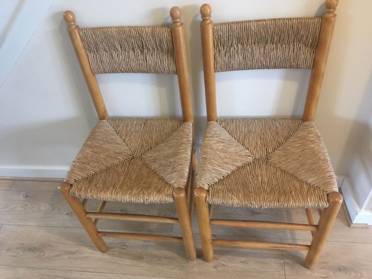 Mid Century Dordogne Style French Rush Seat Oak Dining Chairs x 2