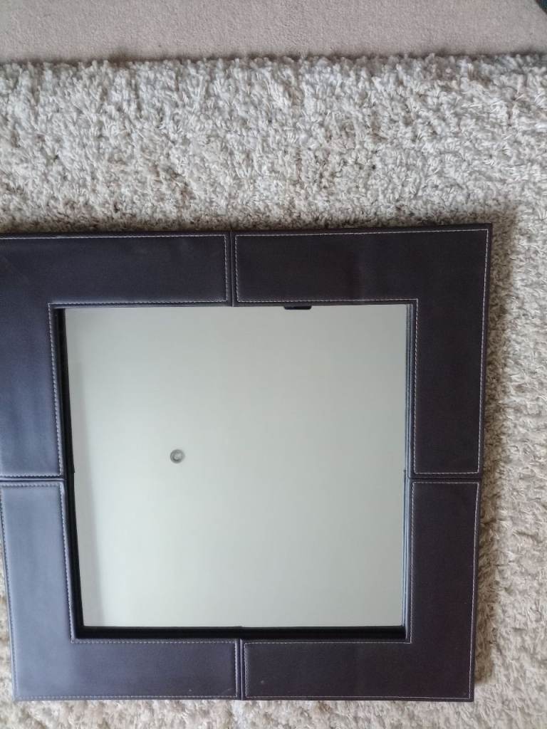 Square mirror with brown faux leather frame