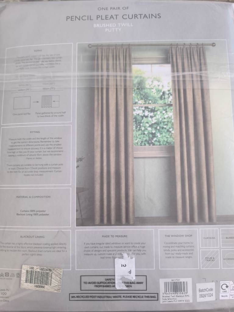 John Lewis Brushed Pair Blackout Pencil Pleat Curtains,167x137cm