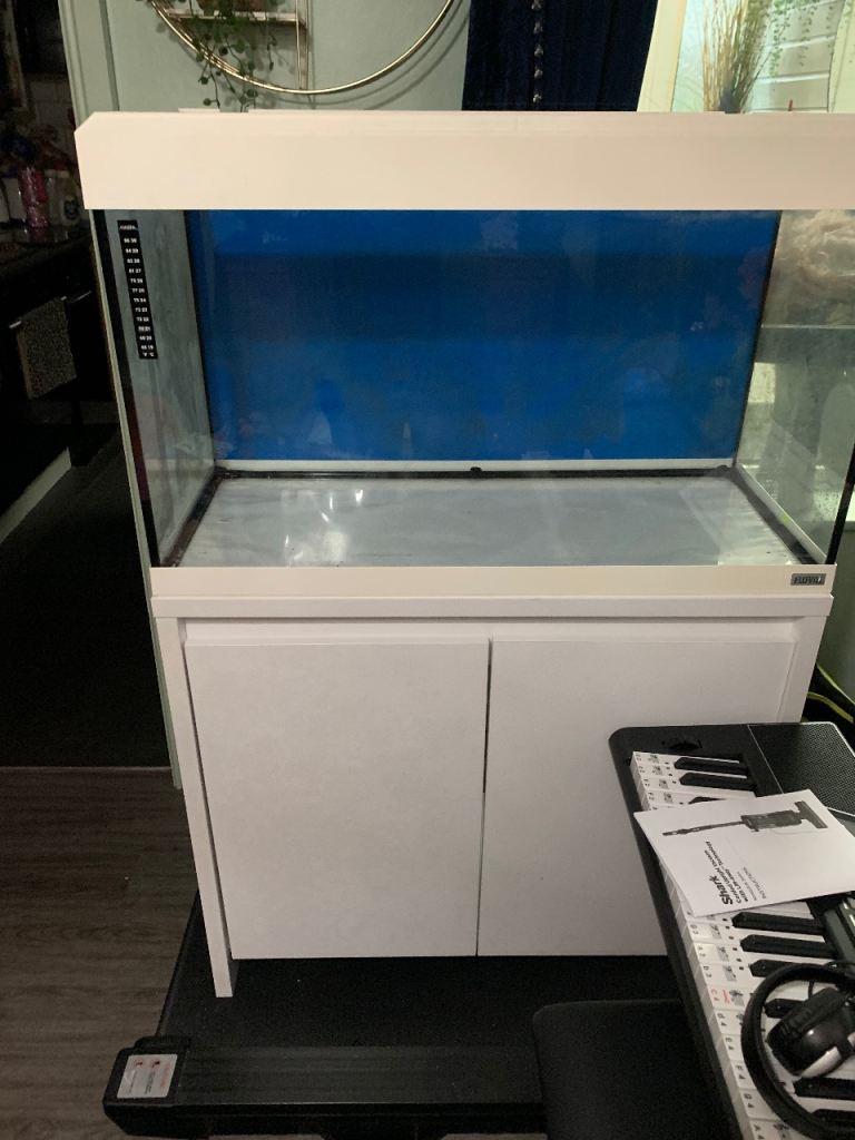White Aquarium Tank with Matching Storage Cabinet – Good Condition for Sale