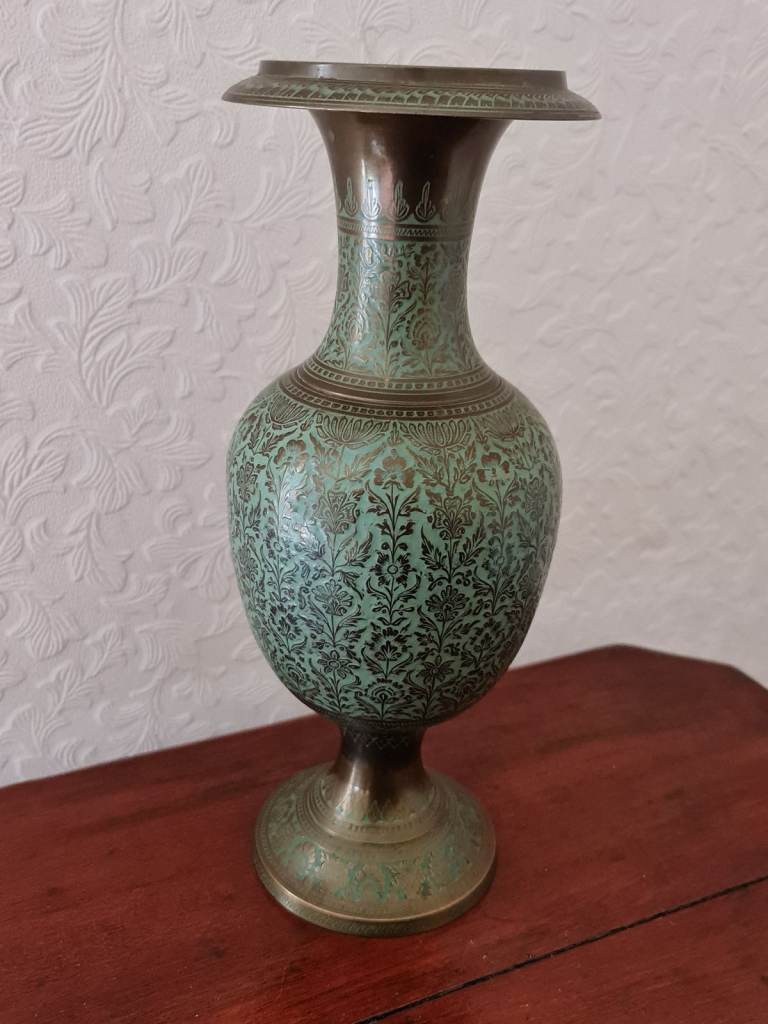 Vintage Niello Green Enamel & Brass Pot Vase