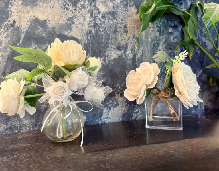 Pair of Small Decorative Flower Arrangements in Vases