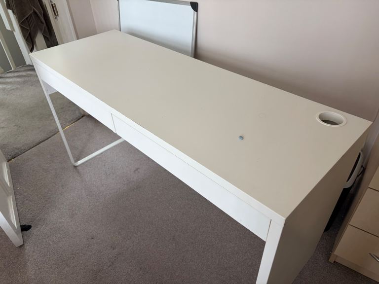 White Desk with Drawers and Cable Management Hole