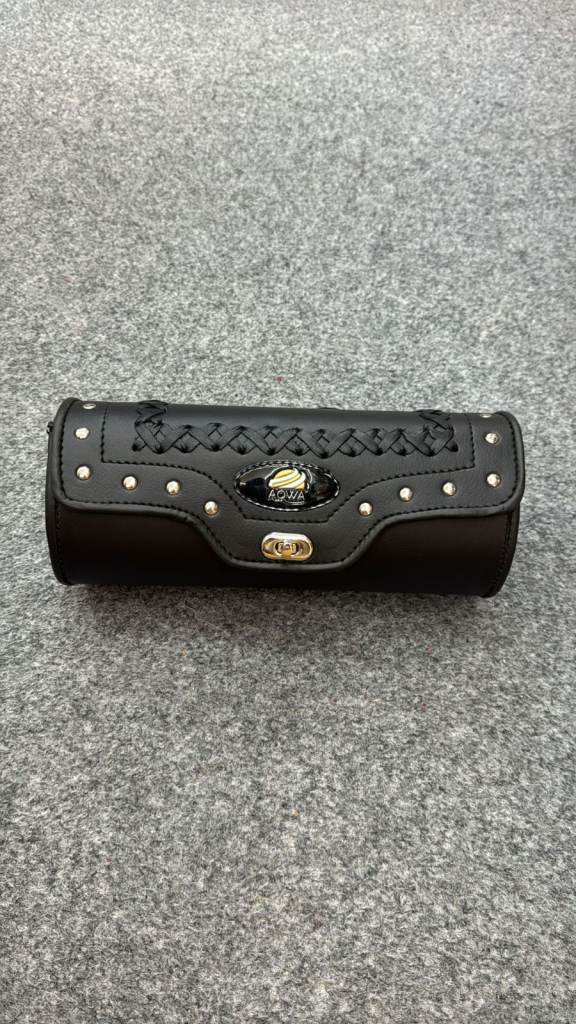 Black Leather Cylinder Case – Studded Design with Front Clasp & Braided Detail