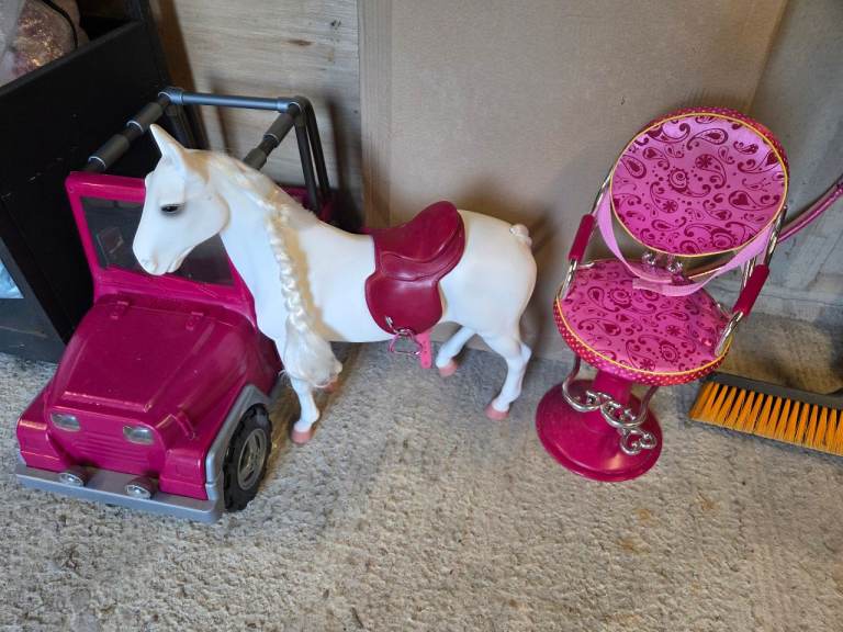 Pink Toy Jeep, White Horse & Doll Chair Playset