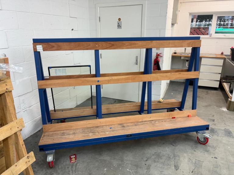 Sturdy Blue Metal Workshop Trolley with Wooden Shelves