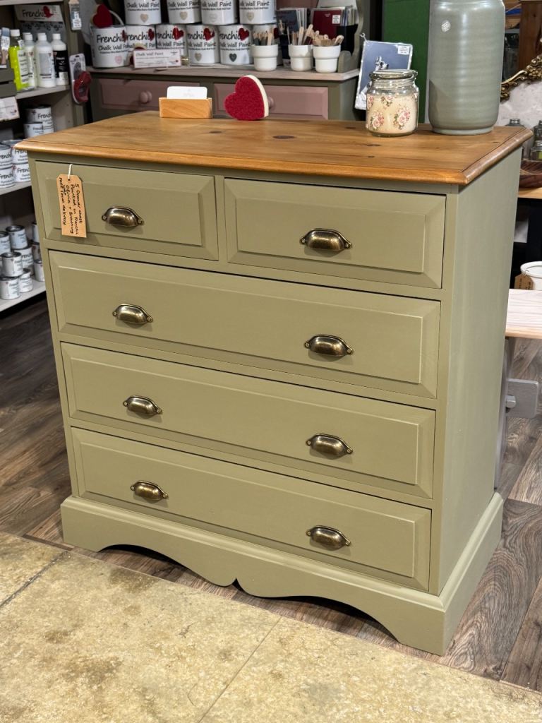 Large solid 5 drawer chest refurbished & painted in Frenchic Olivia & Browning Wax Free local 🚚