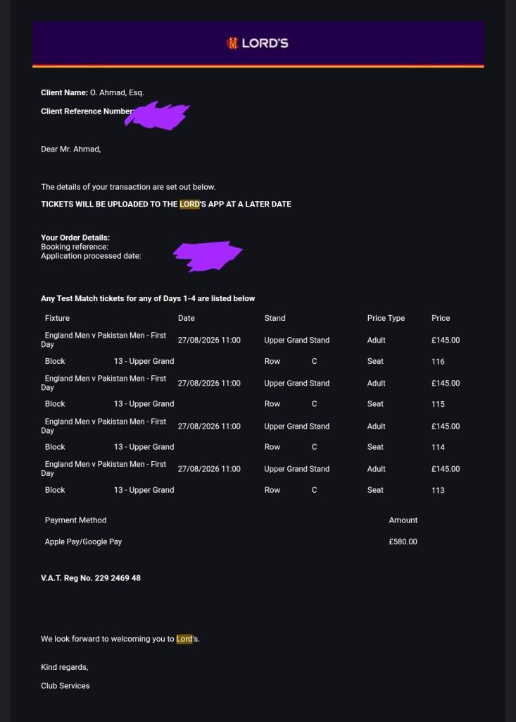 England v Pakistan Lord's Day 1 x 2 tickets