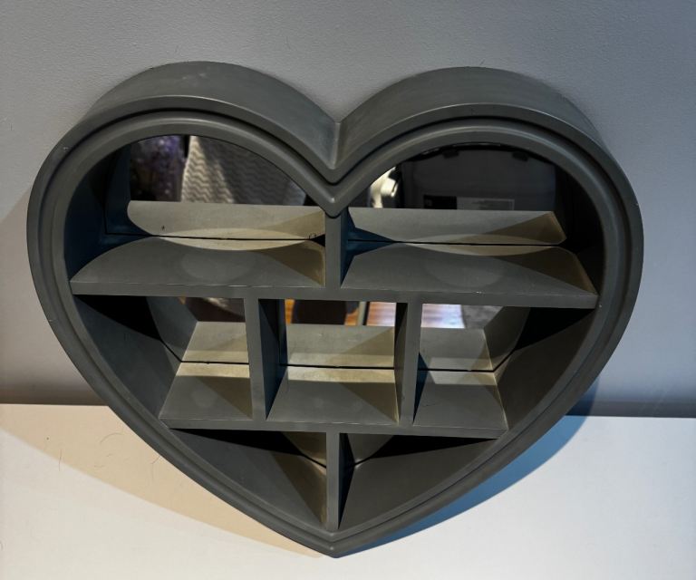 Grey heart shaped mirrored shelf 
