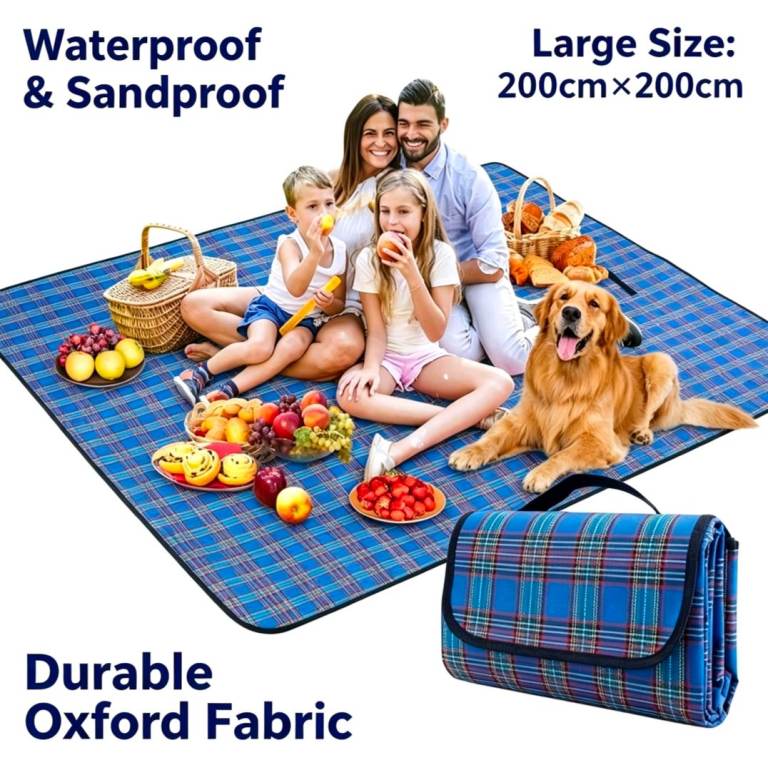 SOMIYAMI Waterproof Picnic Blanket 150x200cm – Blue Tartan Outdoor Mat