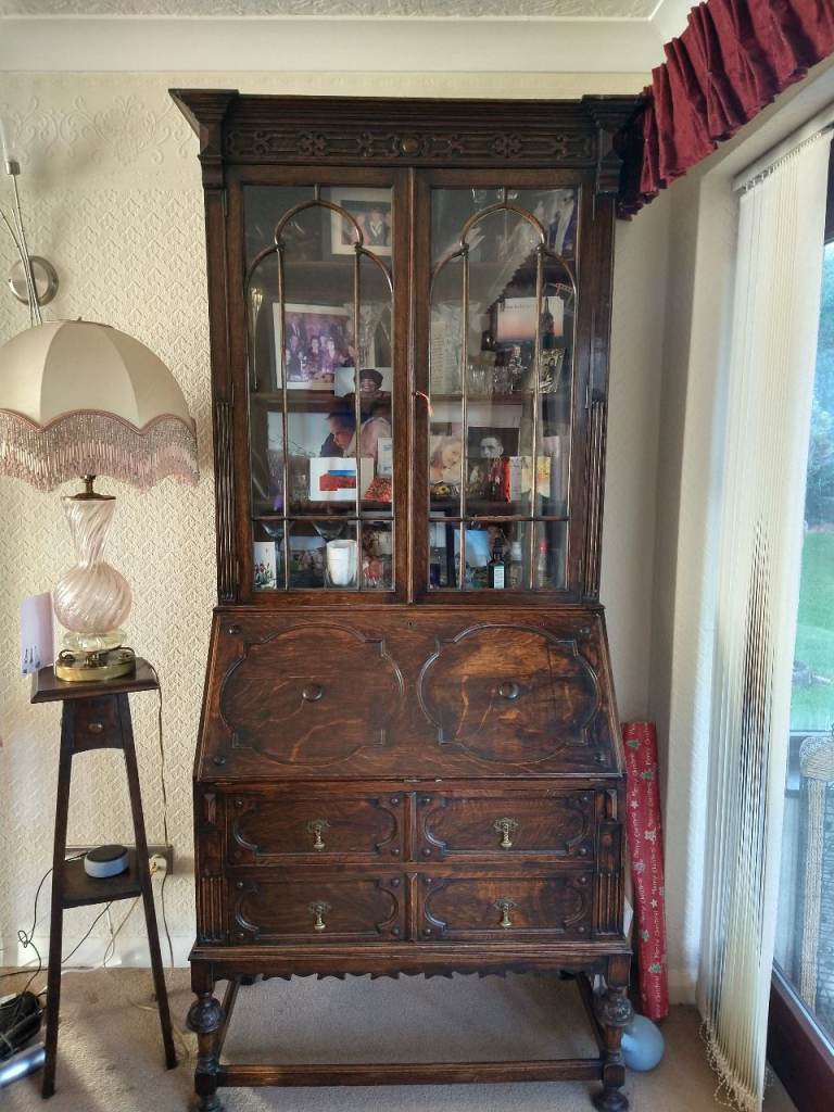Antique Wooden Bureau with Glass Display Cabinet