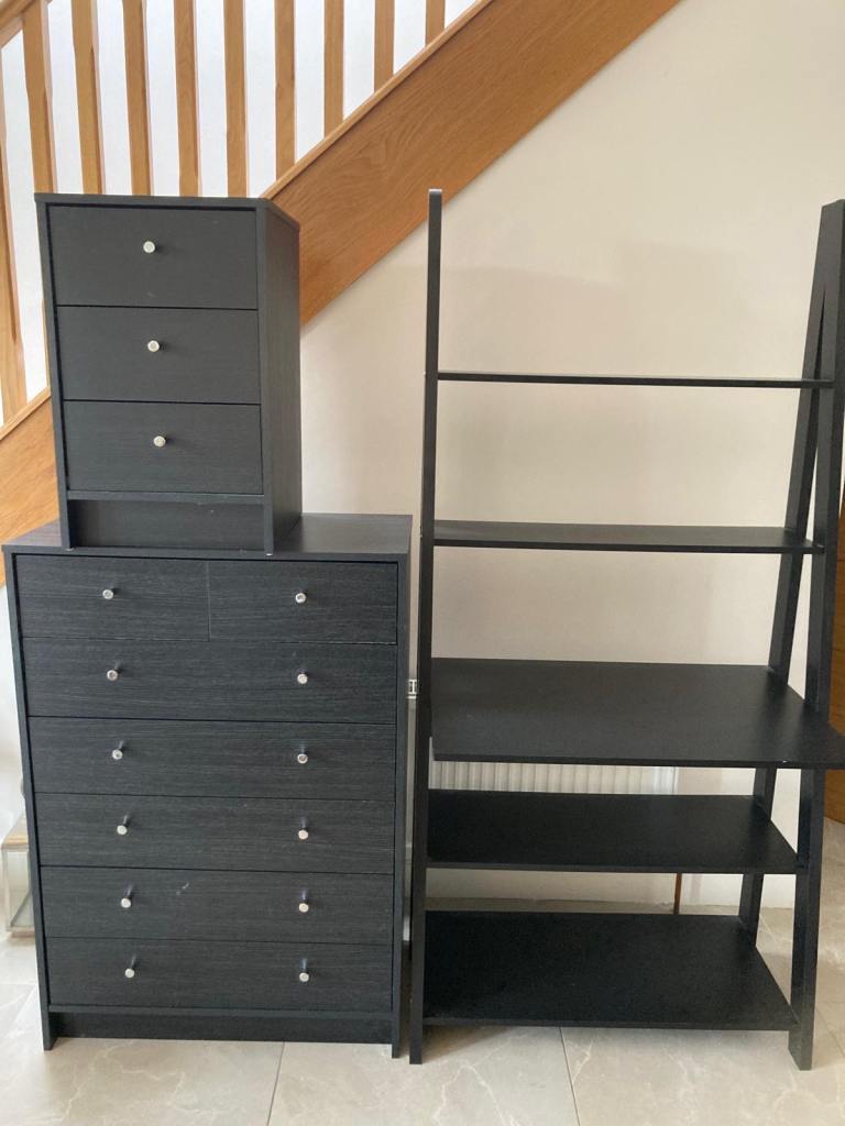 3 drawer bedside table with chest of drawers and desk with shelves.
