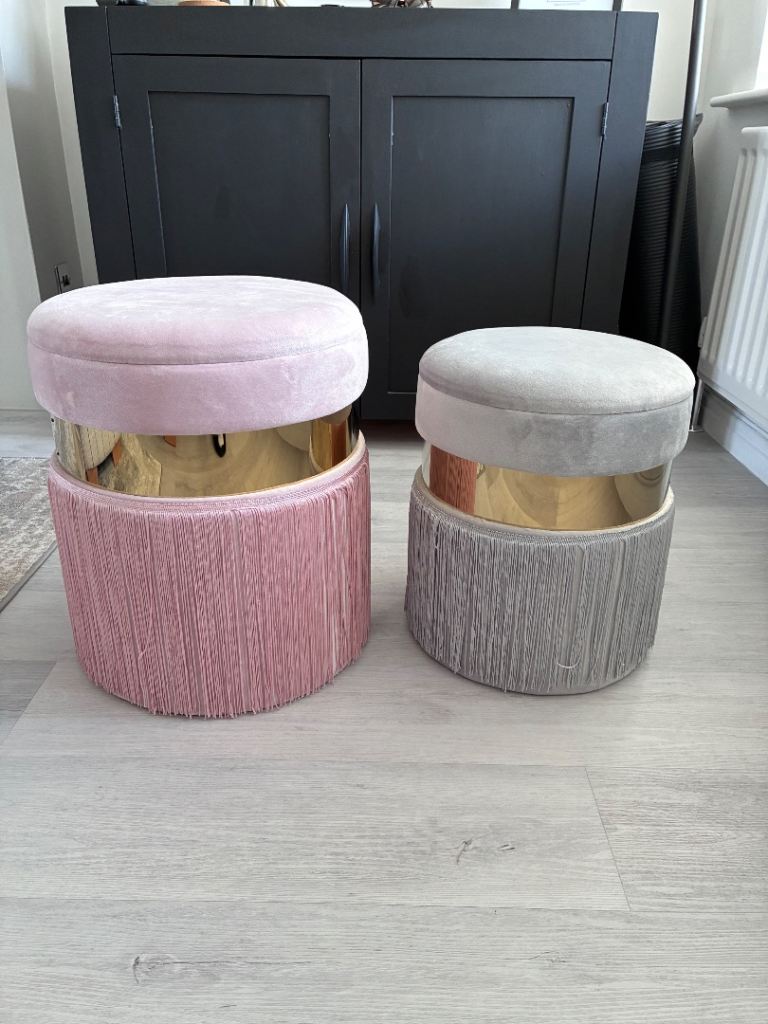 Pair of Velvet Storage Stools – Pink & Grey