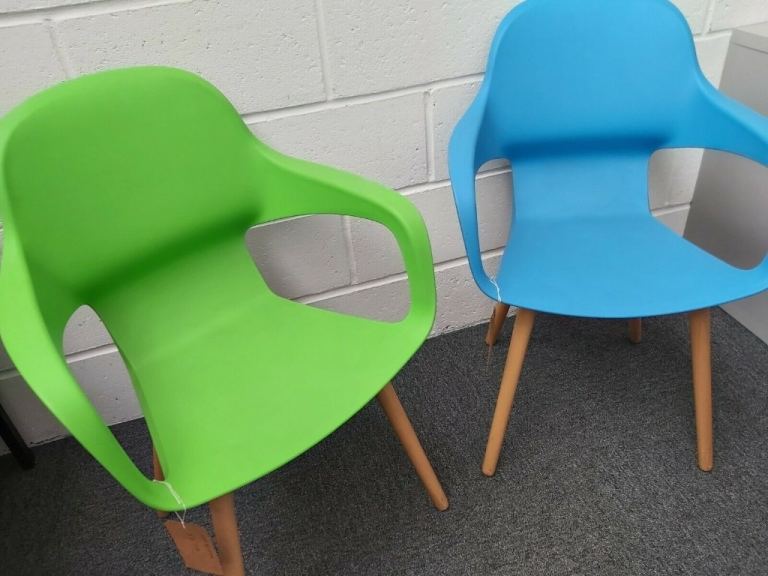 Cafe Restaurant Garden Chairs Green & Blue Plastic with Wooden Legs x 2 VGC