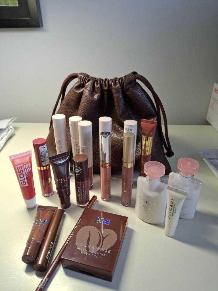 Various lip sticks and blusher with makeup bag