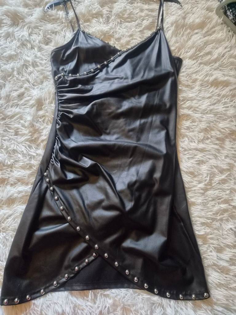 Black Faux Leather Mini Dress with Studs – Good Condition