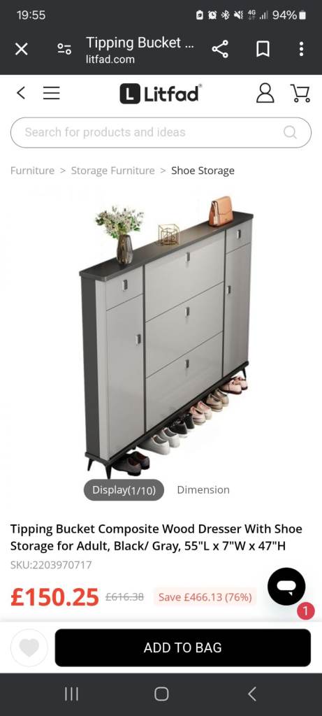 Tipping Bucket Composite Wood Dresser With Shoe Storage for Adult, Black/ Gray